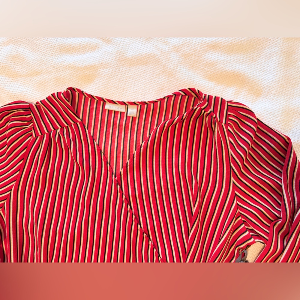 HINGE Striped Wrap Blouse Tie Bow Waist Red & White Stripe Puff Long Sleeve Top - Picture 9 of 16